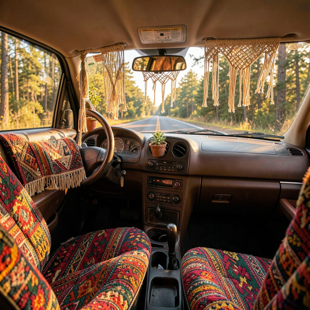 Voiture intérieure décorée en style boho avec tapis tissés, coussins colorés et plantes suspendues
