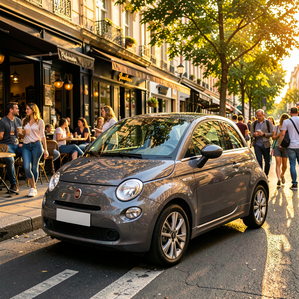 Une Fiat 500 grise stationne devant un bâtiment moderne, mettant en valeur son design élégant et sa couleur neutre.