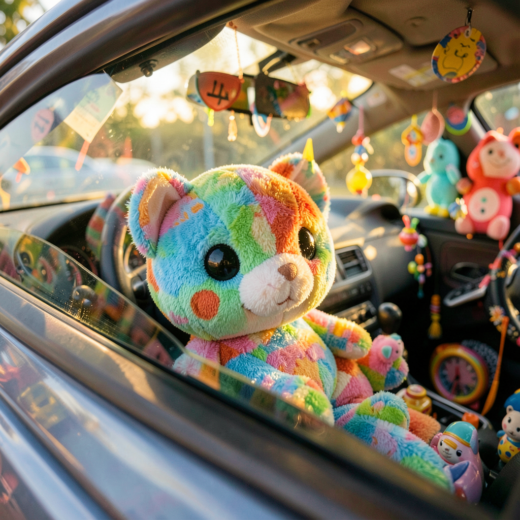 Accessoires Jellycat positionnés sur le siège avant, combinés à des coussins de décoration voiture