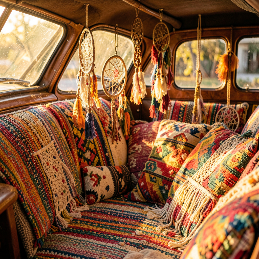 Palette de couleurs boho pour la décoration de voiture : tons pastel, bruns profonds et accents en or