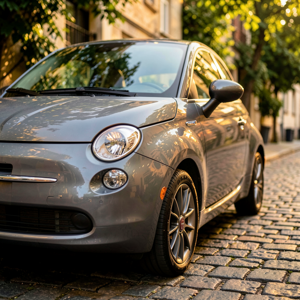 Fiat 500 grise en mouvement, idéale pour la ville et les voyages.