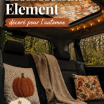 Intérieur d'une Honda Element décorée pour l'automne avec des accessoires chaleureux