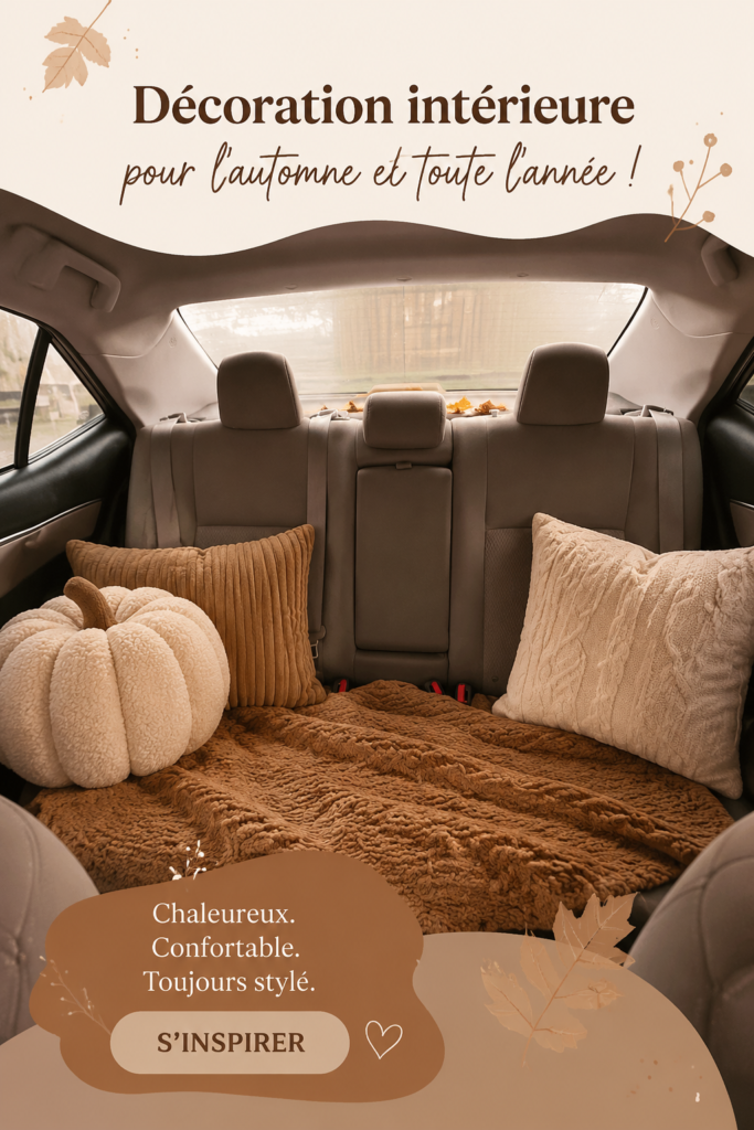Intérieur d'une voiture décorée avec des éléments automnaux, confortable et accueillant.