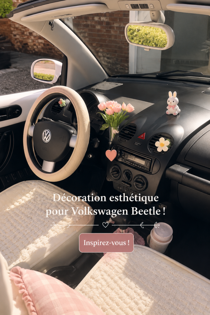 Intérieur stylisé d'une Volkswagen Coccinelle avec décoration esthétique.