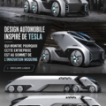 Design moderne inspiré par Tesla avec des lignes épurées et aérodynamiques.