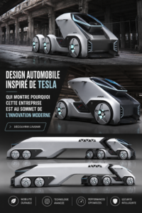 Design moderne inspiré par Tesla avec des lignes épurées et aérodynamiques.