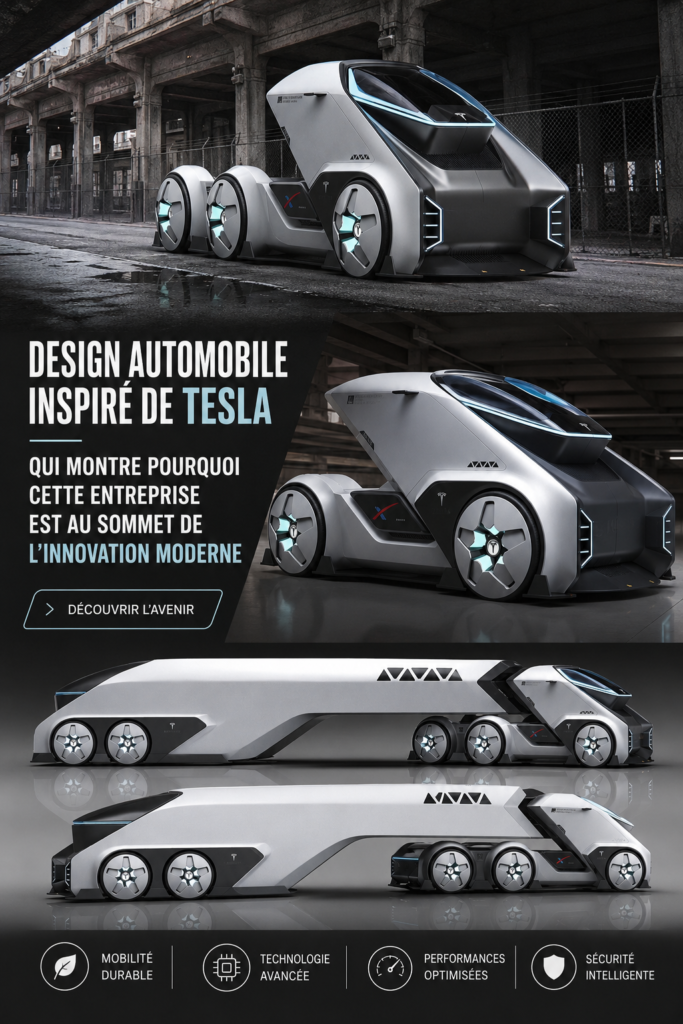 Design moderne inspiré par Tesla avec des lignes épurées et aérodynamiques.