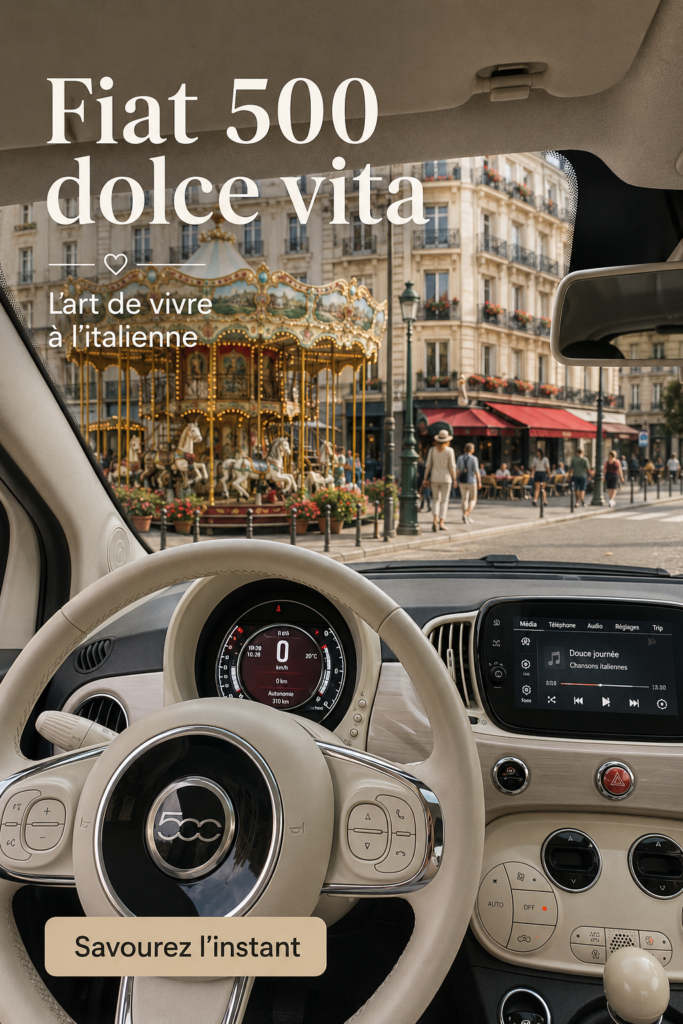 Une Fiat 500 Dolce Vita garée sur une route pittoresque, mettant en valeur son design rétro.