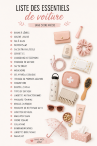Liste d'indispensables pour les femmes qui voyagent en voiture.