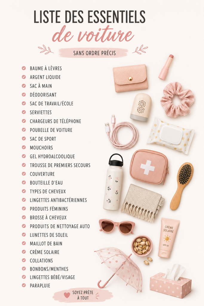 Liste d'indispensables pour les femmes qui voyagent en voiture.