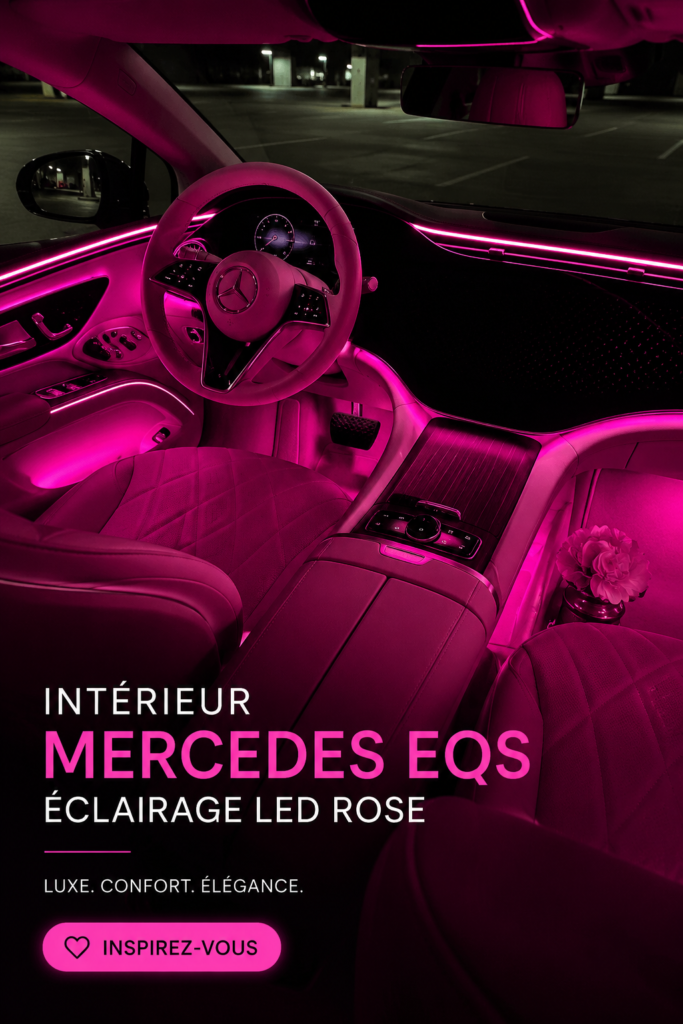 Intérieur de la Mercedes EQS mettant en avant l'éclairage LED rose