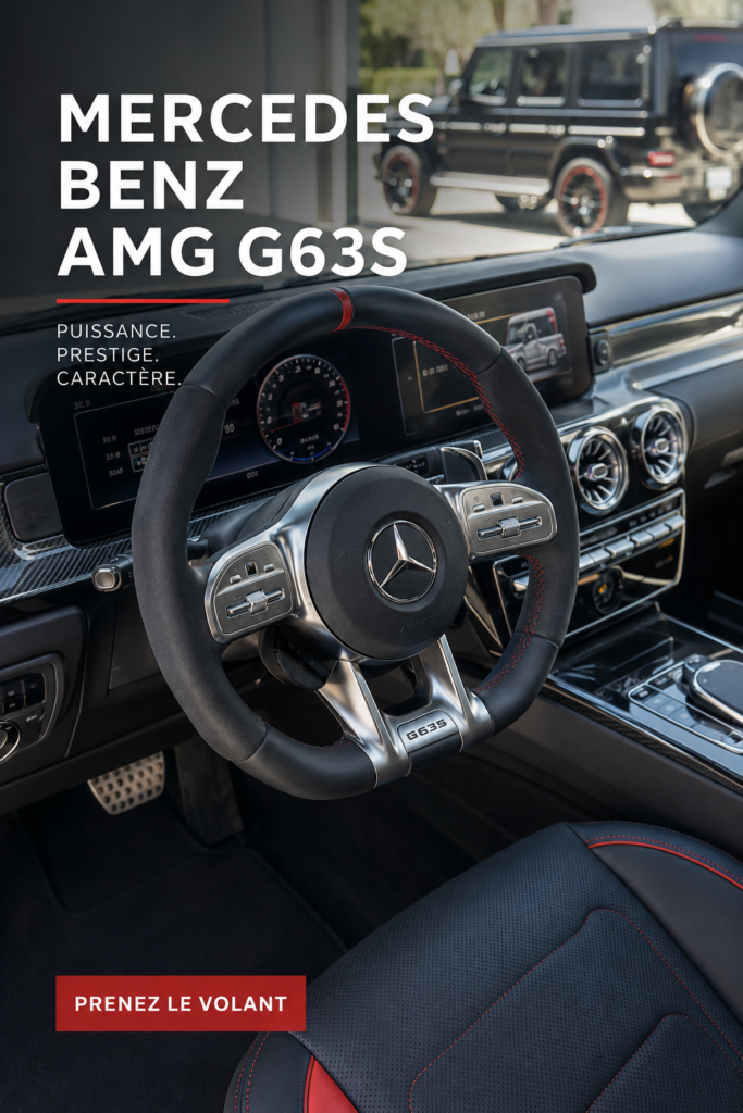 Mercedes-Benz AMG G63S en extérieur sur une route de montagne, mettant en valeur son design impressionnant.