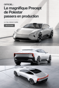 Vue d'ensemble de la Polestar Precept, une voiture électrique au design futuriste.