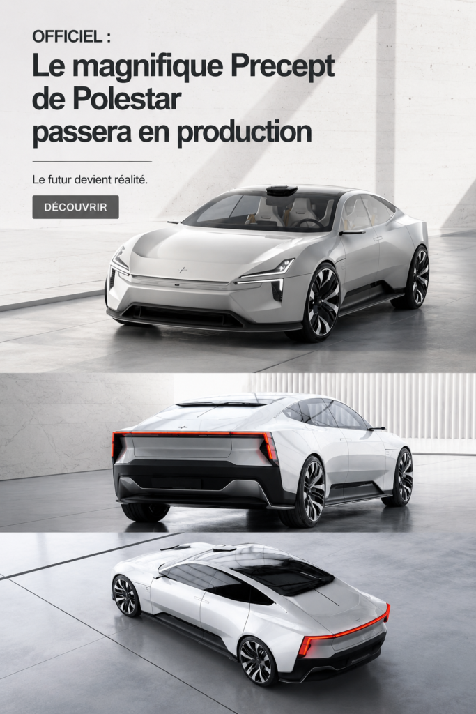 Vue d'ensemble de la Polestar Precept, une voiture électrique au design futuriste.