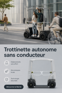 Un scooter autonome garé dans une rue animée de la ville, illustrant la mobilité moderne.