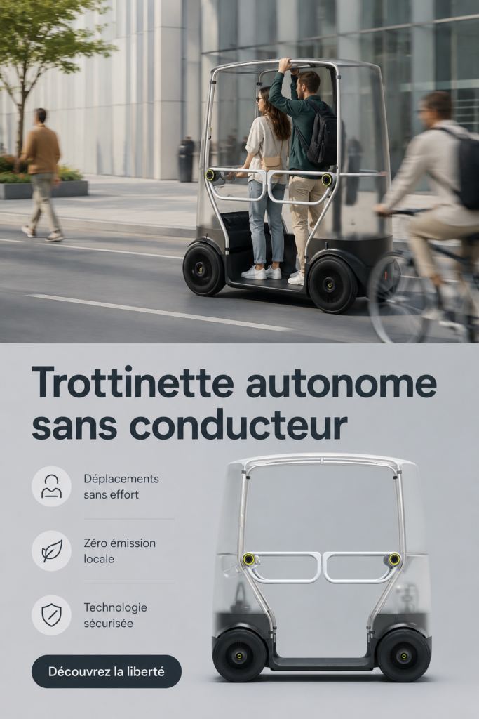 Un scooter autonome garé dans une rue animée de la ville, illustrant la mobilité moderne.