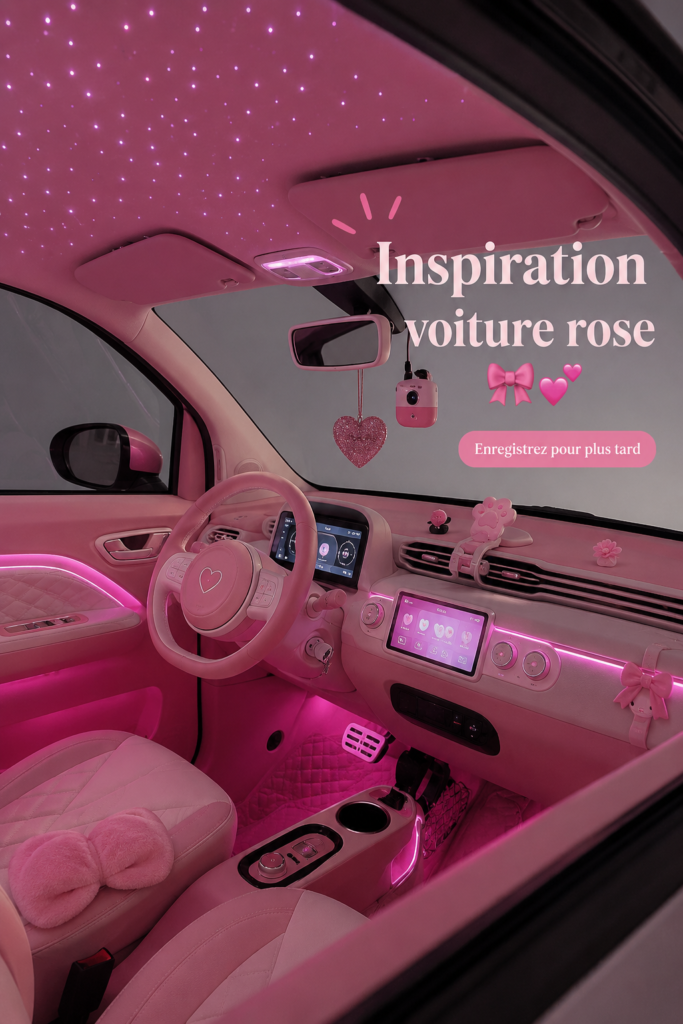 Une voiture rose éclatante sur une route ensoleillée, prêt à attirer les regards.