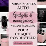 Gadgets et accessoires pour voiture exposés sur une table, incluant des dispositifs de sécurité et des objets de confort.