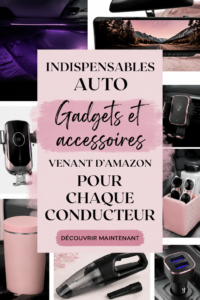 Gadgets et accessoires pour voiture exposés sur une table, incluant des dispositifs de sécurité et des objets de confort.