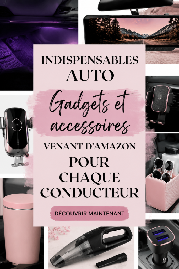 Gadgets et accessoires pour voiture exposés sur une table, incluant des dispositifs de sécurité et des objets de confort.
