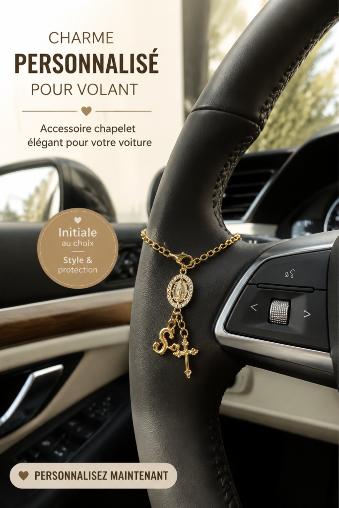 Accessoire de volant avec rosaires personnalisé dans une voiture