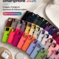 Accessoires modernes pour smartphone en 2026 incluant des étuis stylés et des écouteurs sans fil.