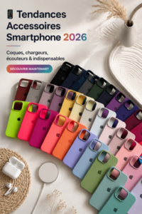 Accessoires modernes pour smartphone en 2026 incluant des étuis stylés et des écouteurs sans fil.