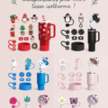 Un tumbler Stanley élégant avec divers accessoires colorés autour.