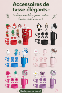 Un tumbler Stanley élégant avec divers accessoires colorés autour.