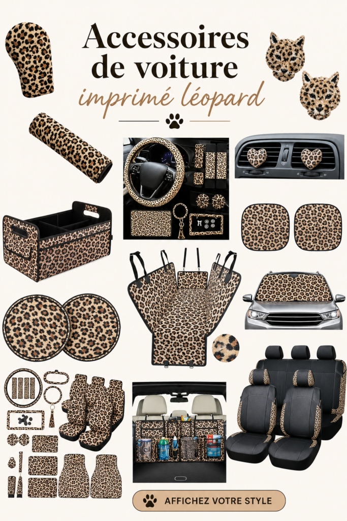 Accessoires de voiture au motif léopard sur un fond neutre