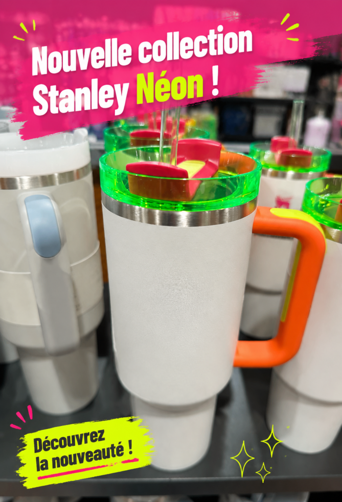 Collection Neon de Stanley avec des accessoires colorés sur un fond lumineux.