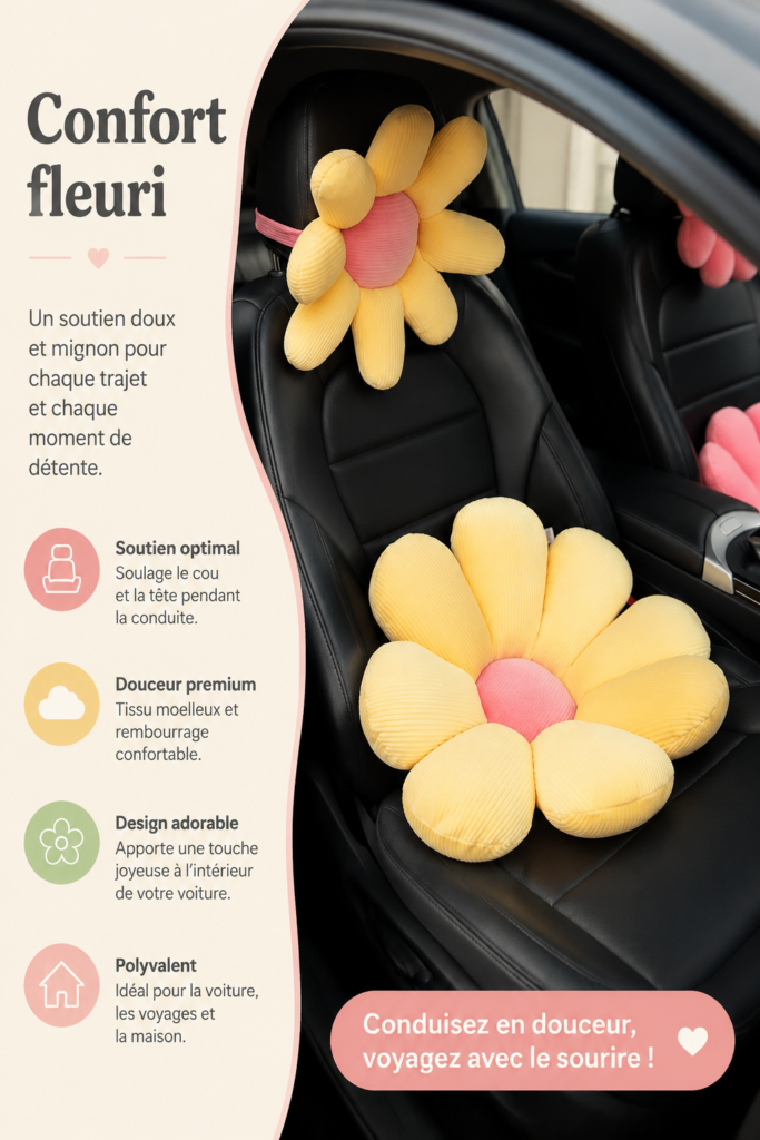 Coussin de tête jaune sur un siège de voiture, offrant un confort accru pour les trajets.