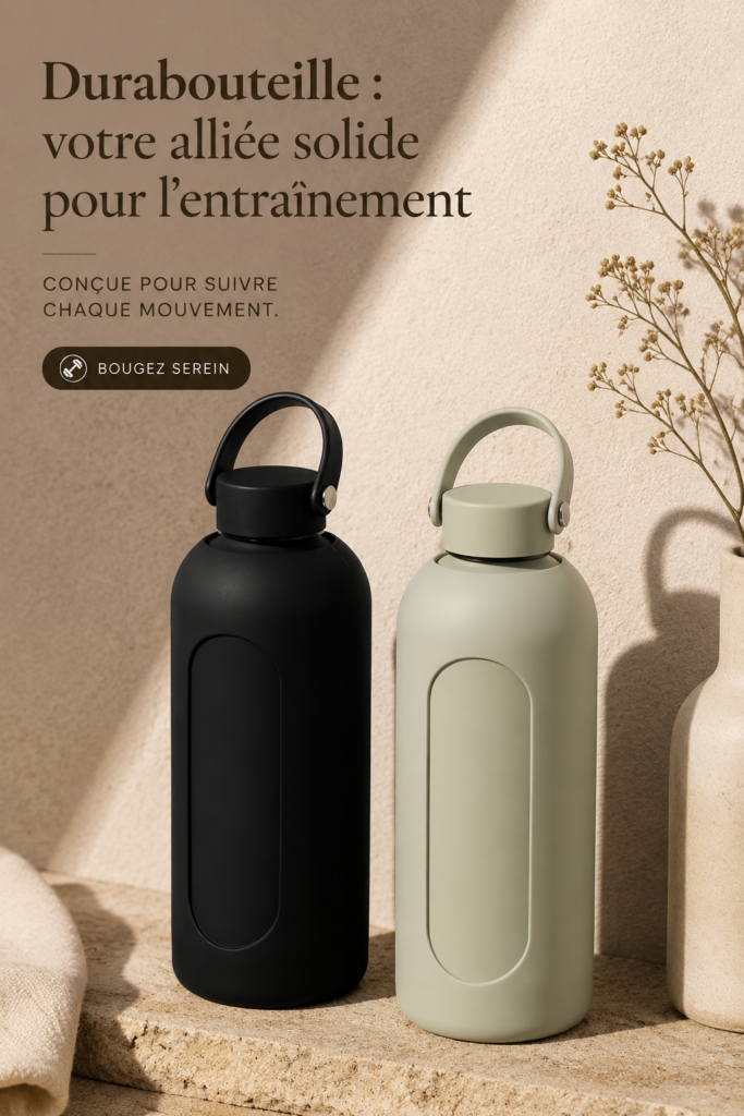Bouteille Durabottle à côté d'accessoires de sport dans un environnement lumineux