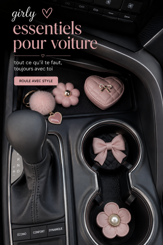 Voiture décorée avec des accessoires girly colorés et modernes.