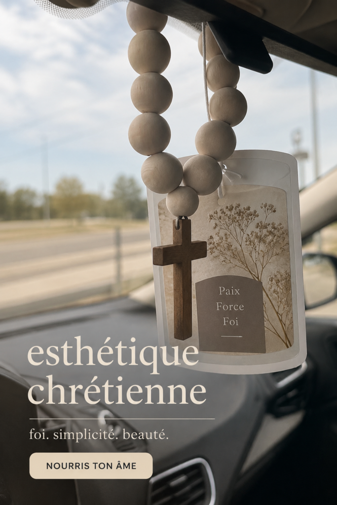 Une voiture stylée avec des emblèmes chrétiens symbolisant l'esthétique automobile chrétienne.