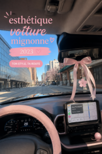 Une voiture décorée avec des accessoires mignons et roses, créant une ambiance esthétique