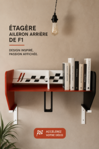 Étagère au design inspiré par la Formule 1 dans un intérieur moderne.