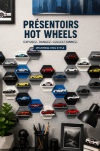 Exposition colorée de voitures Hot Wheels sur une étagère décorative.