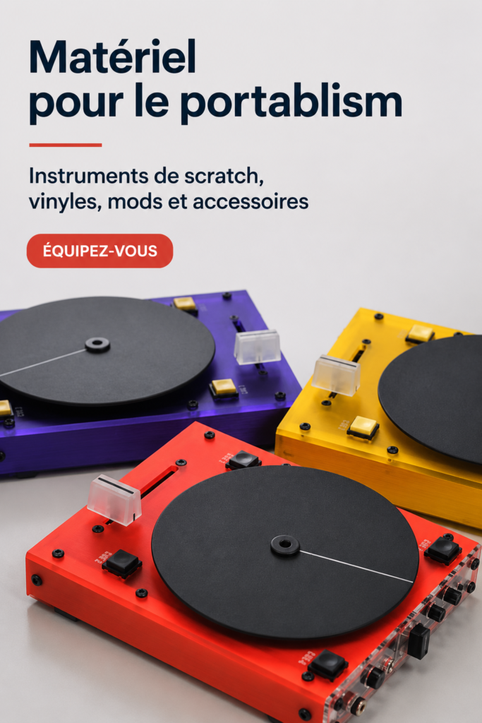 Une platine vinyle avec des accessoires de portablism sur une table