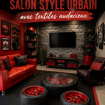 Salon moderne avec des textiles audacieux et couleurs vives