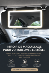Miroir de maquillage LED pour voiture monté sur un pare-soleil avec éclairage doux