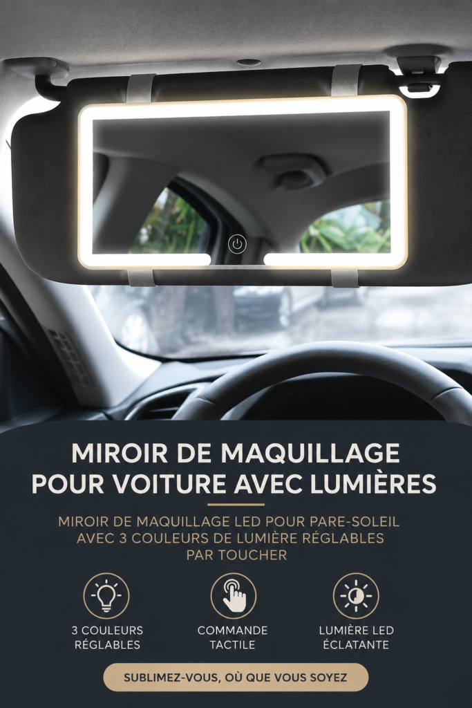 Miroir de maquillage LED pour voiture monté sur un pare-soleil avec éclairage doux