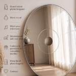 Un grand miroir élégant reflétant un intérieur chaleureux et moderne.