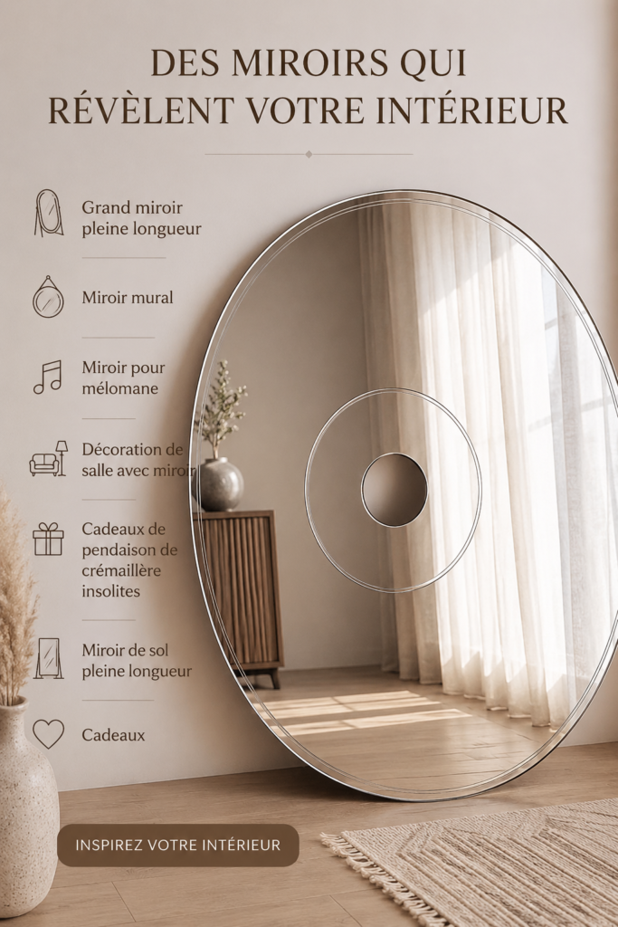 Un grand miroir élégant reflétant un intérieur chaleureux et moderne.