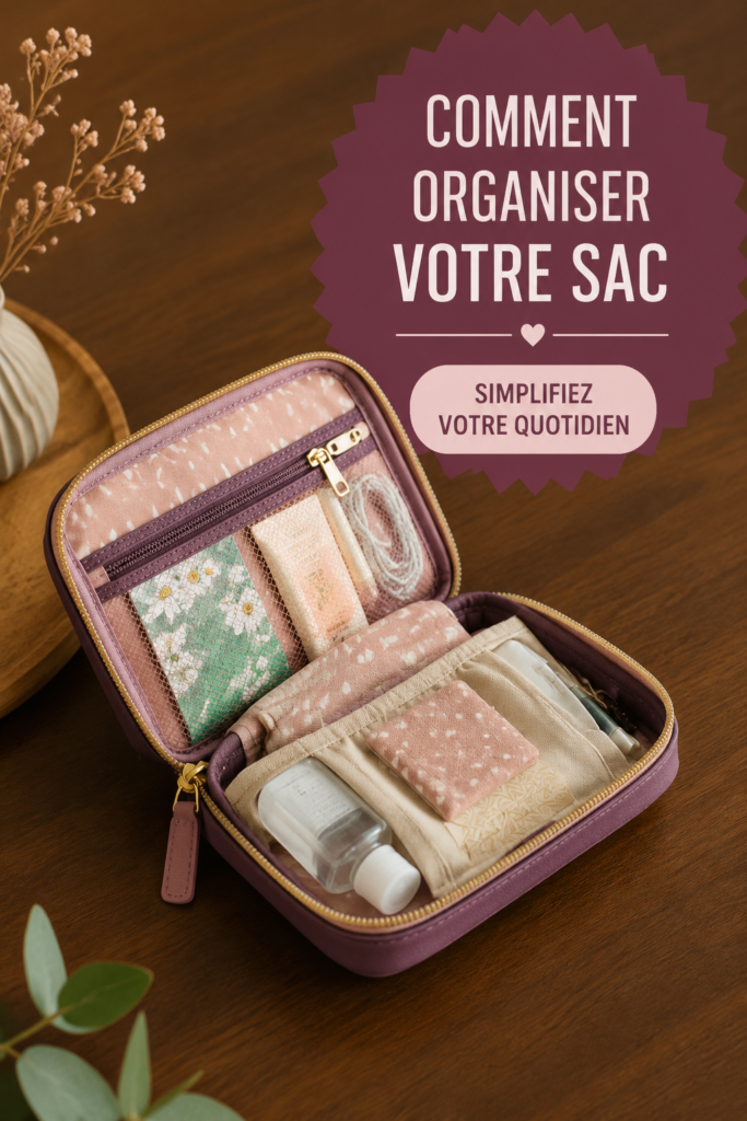 Un sac à main ouvert avec divers accessoires bien organisés à l'intérieur.