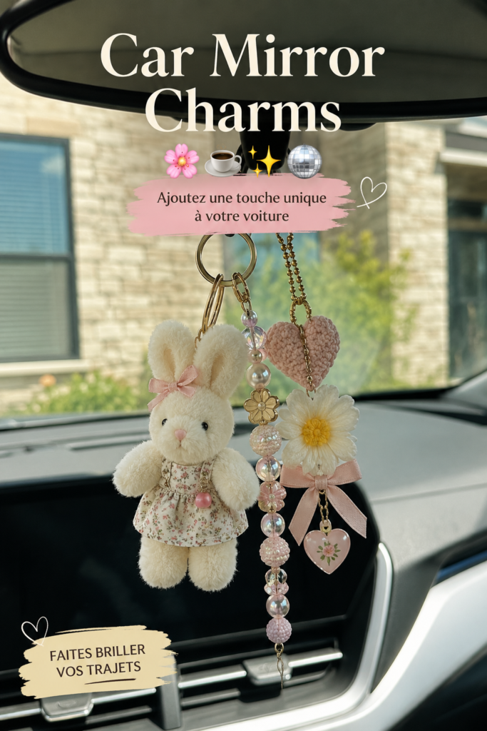 Pendentif décoratif accroché à un miroir de voiture, ajoutant une touche personnelle et élégante.