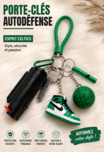 Porte-clé d'autodéfense inspiré des Boston Celtics sur une table