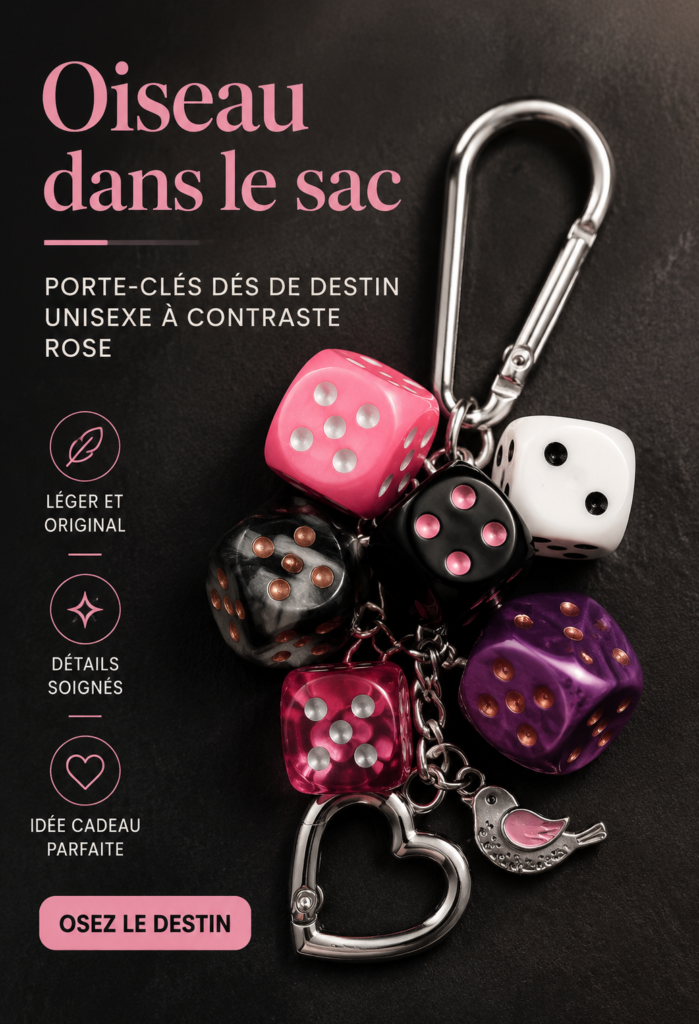 Porte-clés tendance avec dés et design rose sur fond neutre