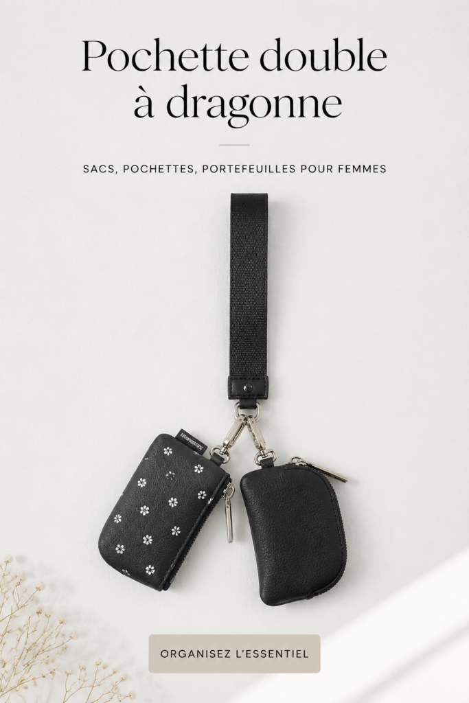 Un pouch wristlet élégant sur fond neutre, soulignant son design pratique et chic.