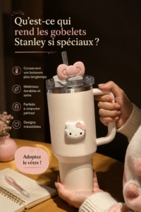Tasse Stanley posée sur une table en bois, remplie de café chaud.